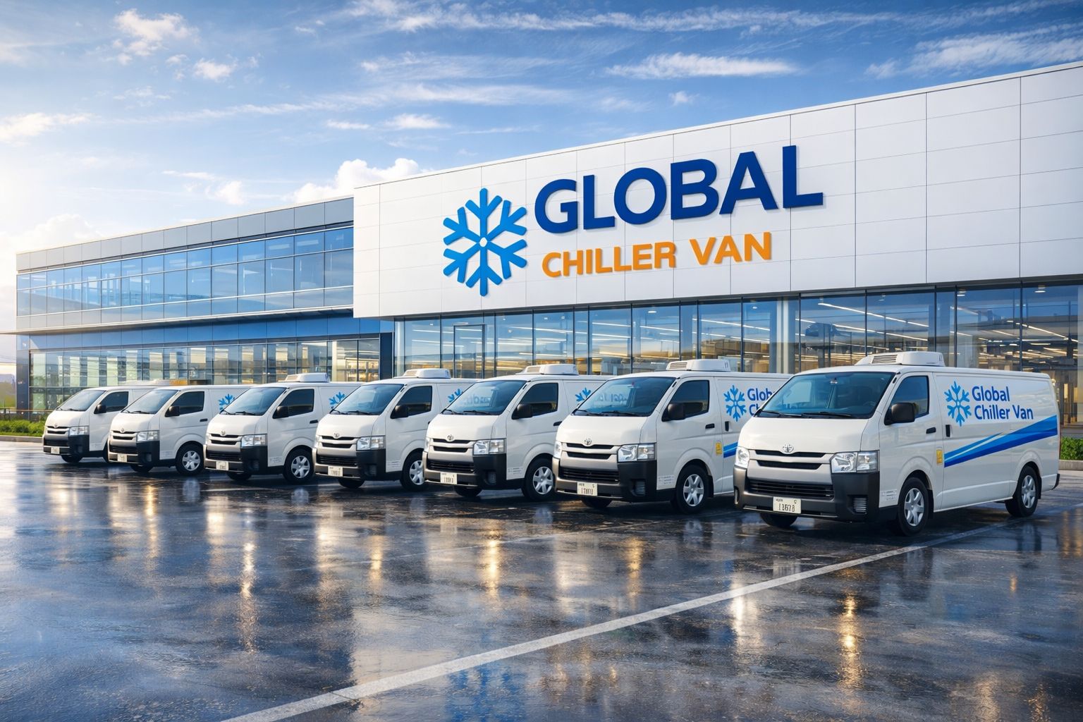 Global Chiller Van fleet parked outside warehouse in Dubai refrigerated transport service