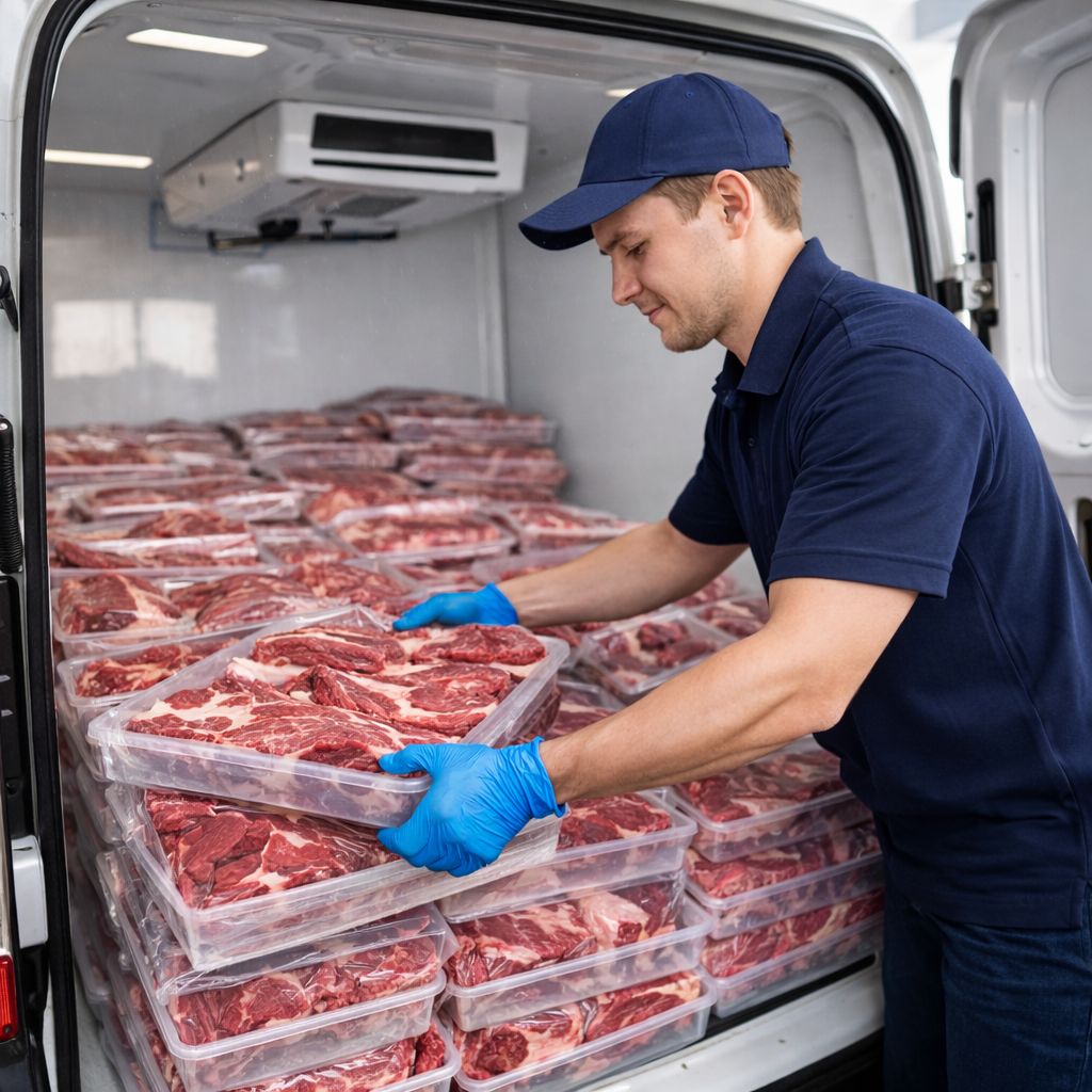 Meat delivery loading in refrigerated chiller van UAE