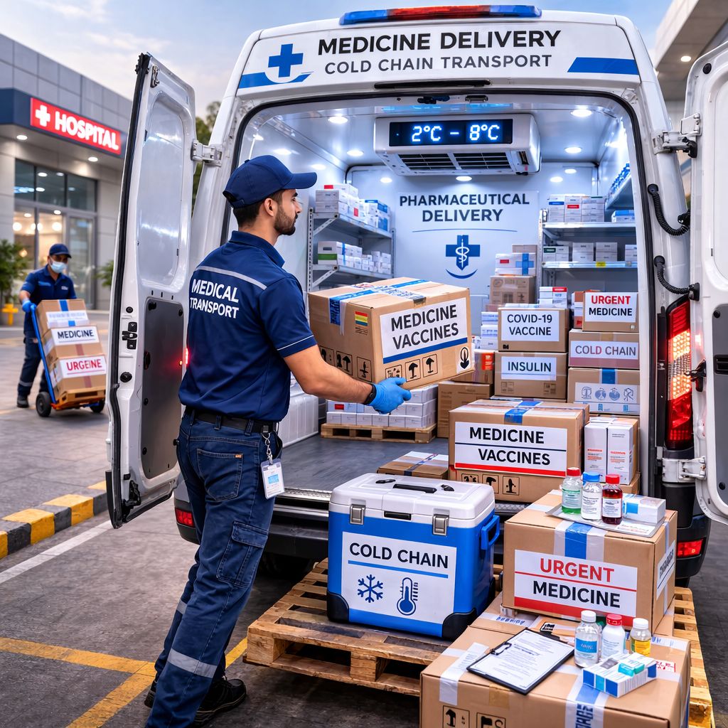 Medicine delivery loading in refrigerated chiller van UAE