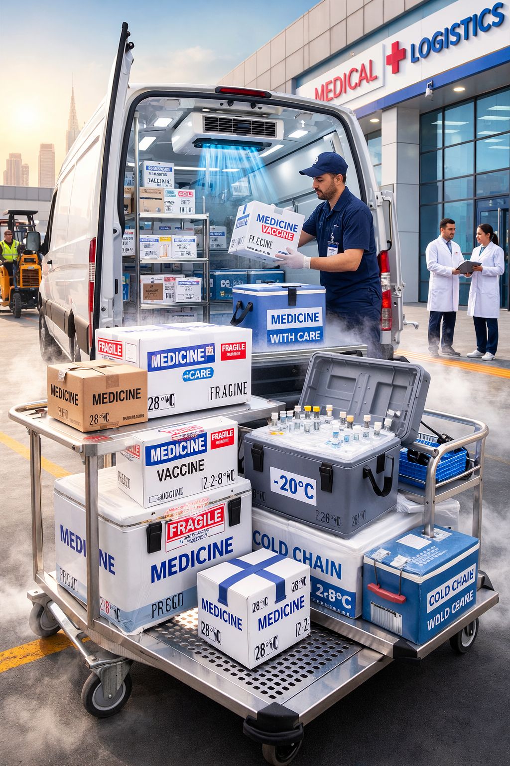 Medicine delivery loading in refrigerated van Dubai Abu Dhabi UAE
